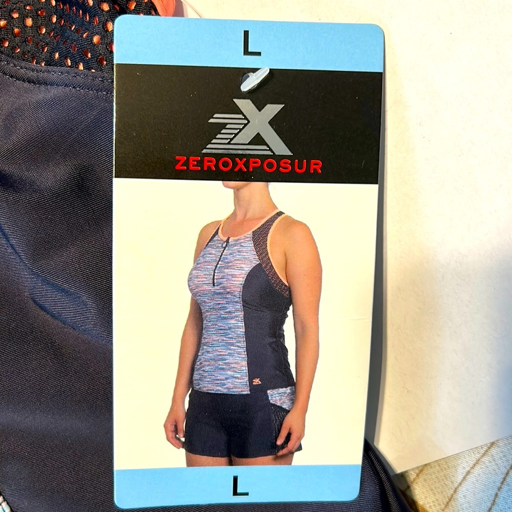 NWT - ZEROXPOSUR 2 piece swimsuit in sorbet/black & multi color.